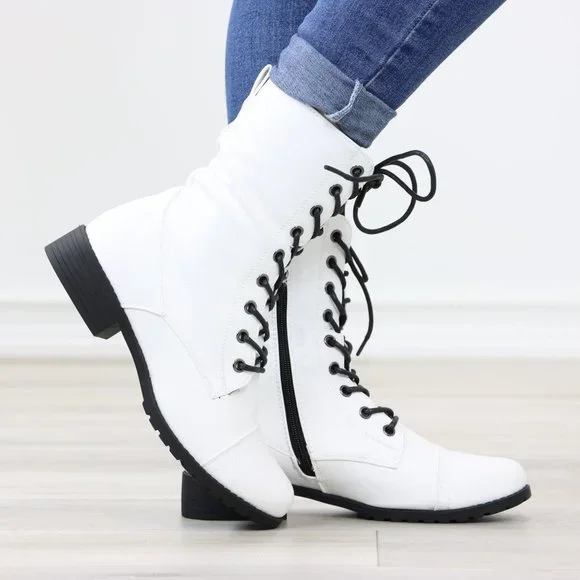 White Synthetic Leather Low Heel Round Toe Above Ankle Combat Boots - Picture 5 of 13